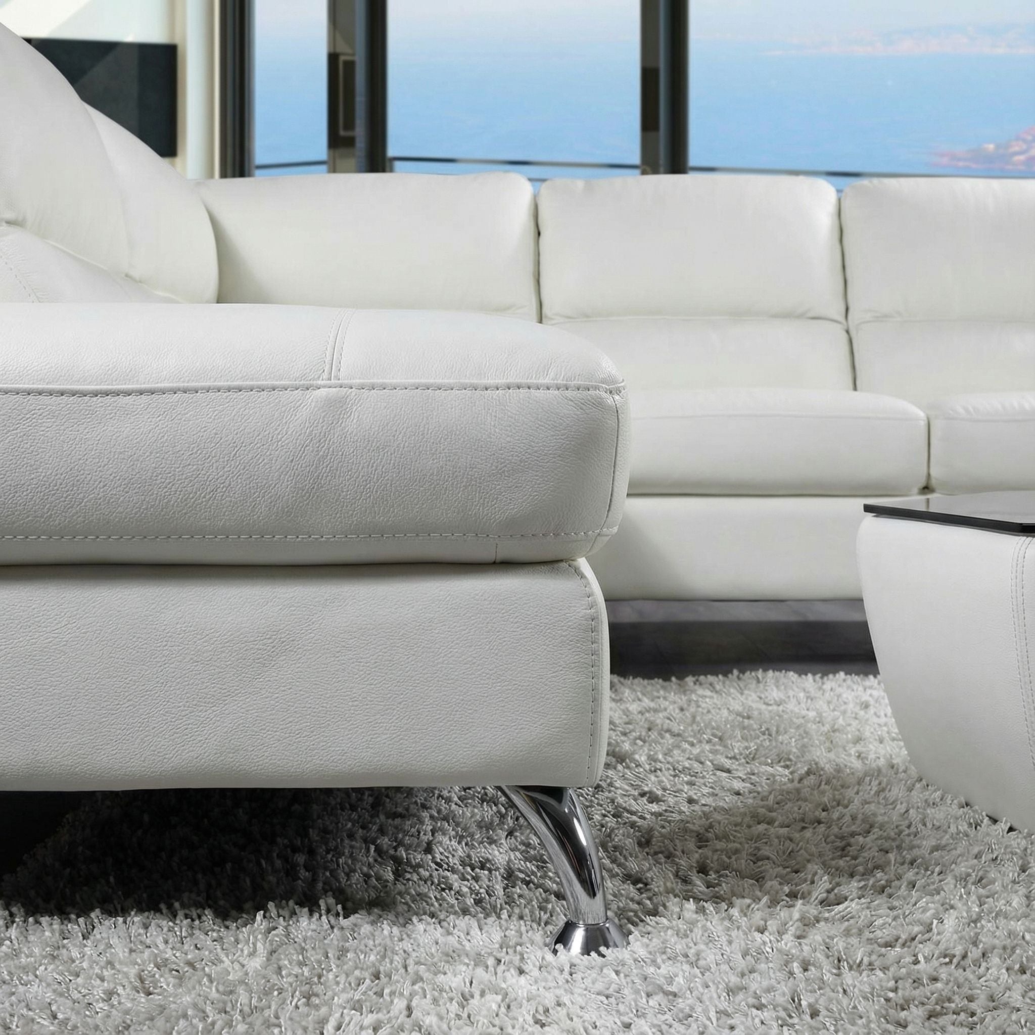 Cortesi Home Contemporary  Miami Genuine Leather Sectional Sofa with Left Facing Chaise Lounge, Off White 80"x98"