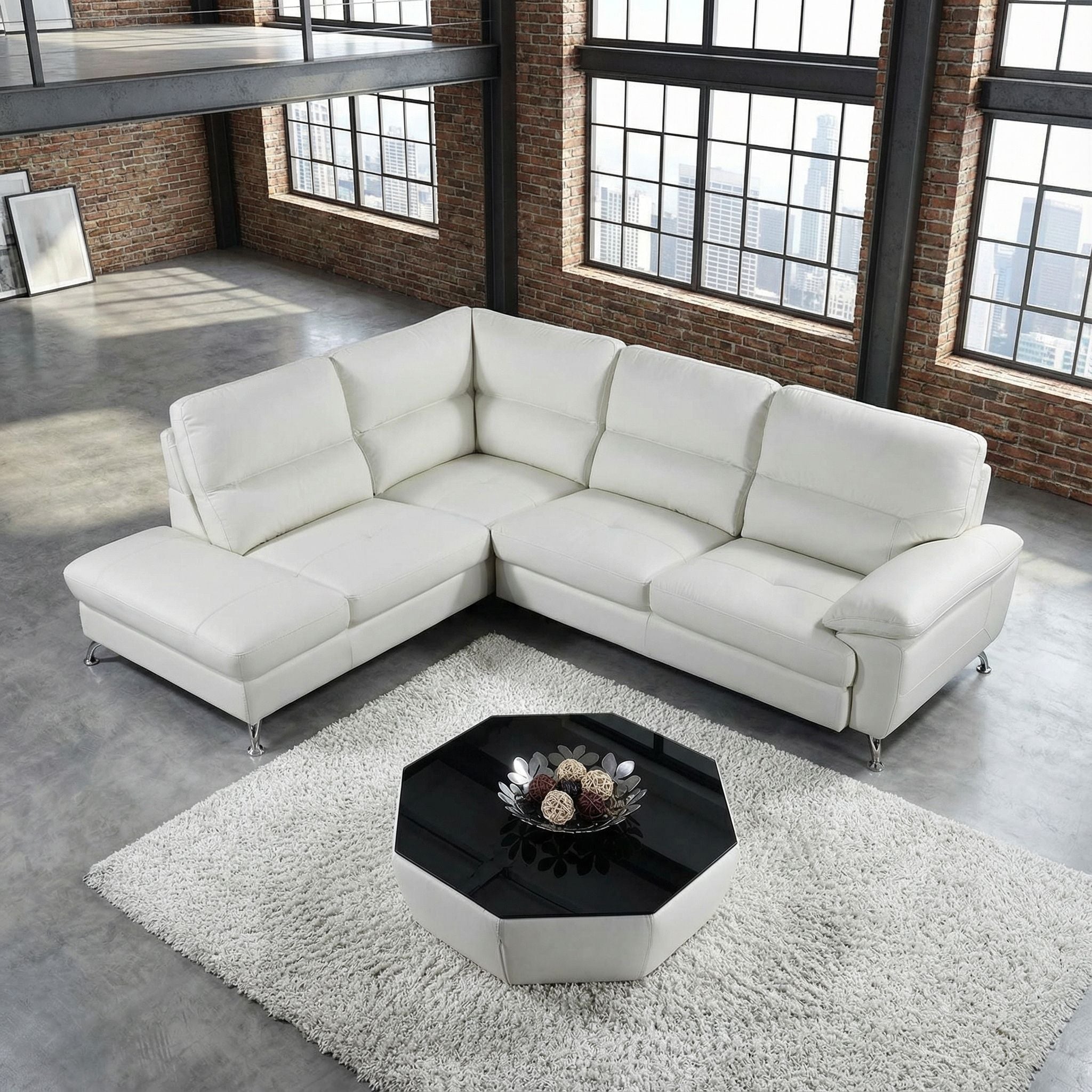 Cortesi Home Contemporary  Miami Genuine Leather Sectional Sofa with Left Facing Chaise Lounge, Off White 80"x98"