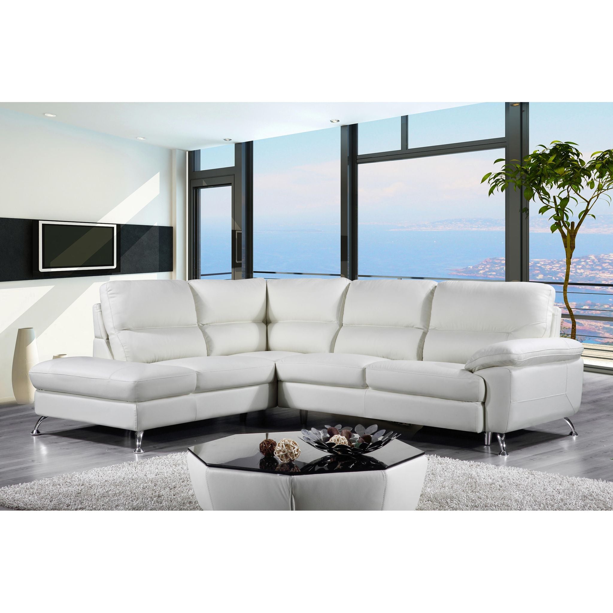 Cortesi Home Contemporary  Miami Genuine Leather Sectional Sofa with Left Facing Chaise Lounge, Off White 80"x98"