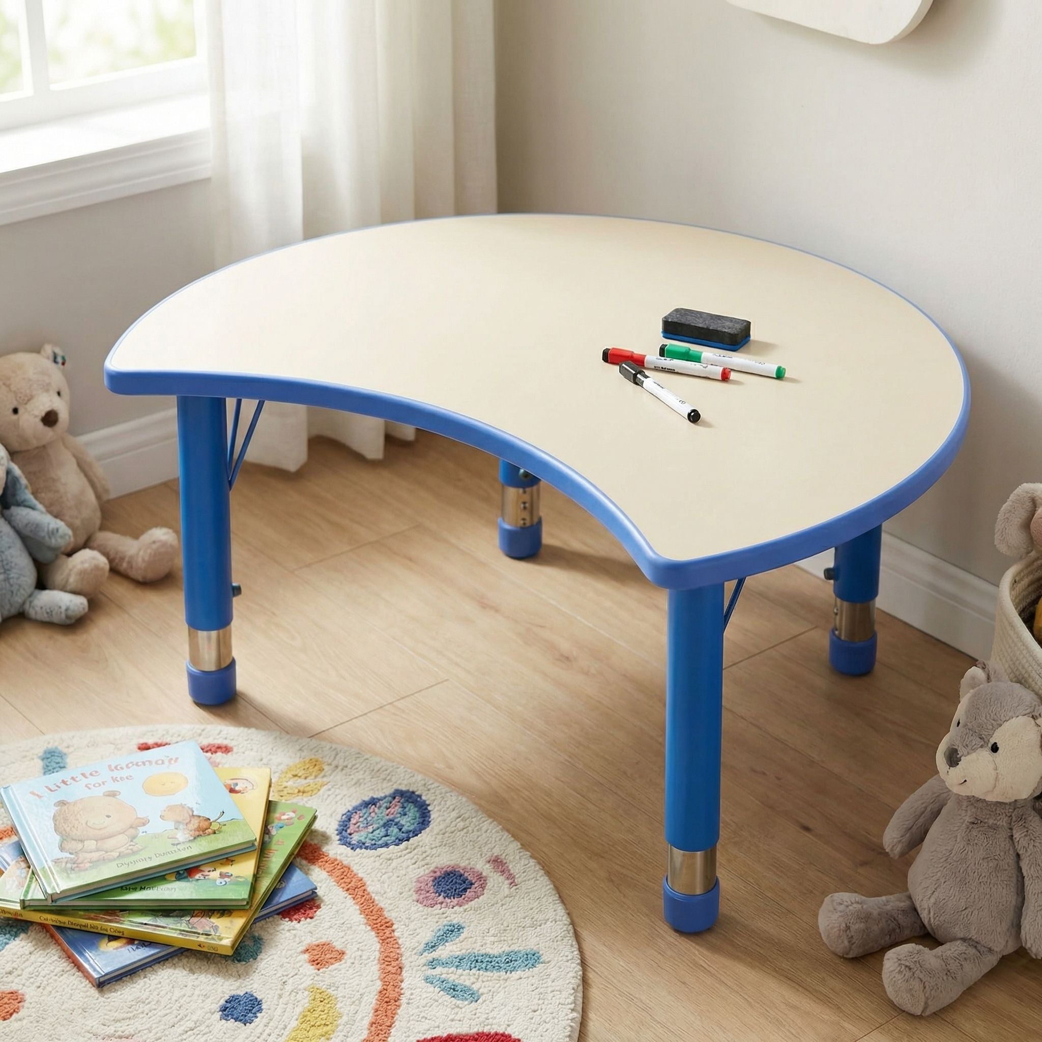 Adjustable Moon Shaped Plastic Activity Table with Dry Erase Top, Monster Blue