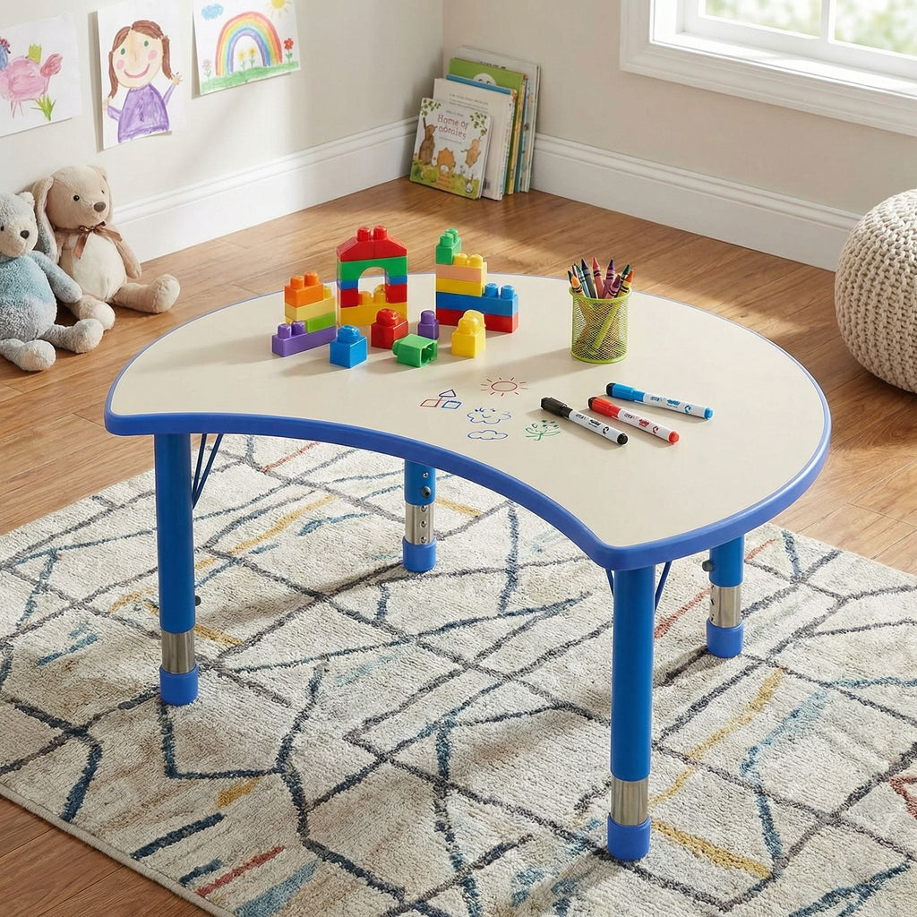 Adjustable Moon Shaped Plastic Activity Table with Dry Erase Top, Monster Blue