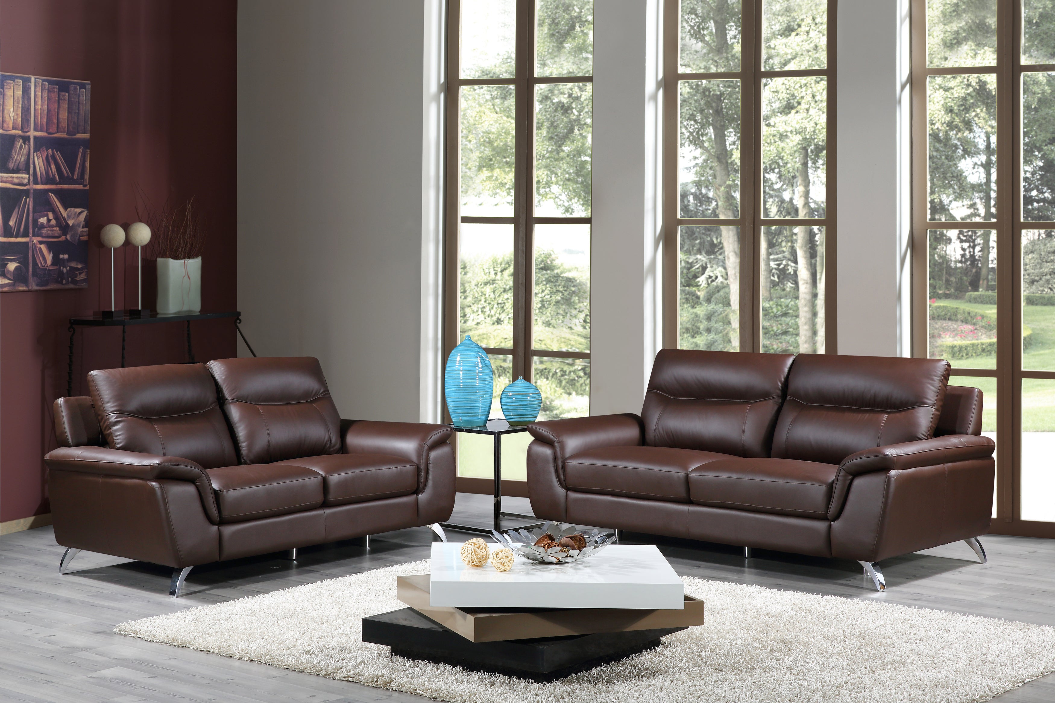 Cortesi Home Chicago Genuine Leather Sofa & Loveseat Set, Brown