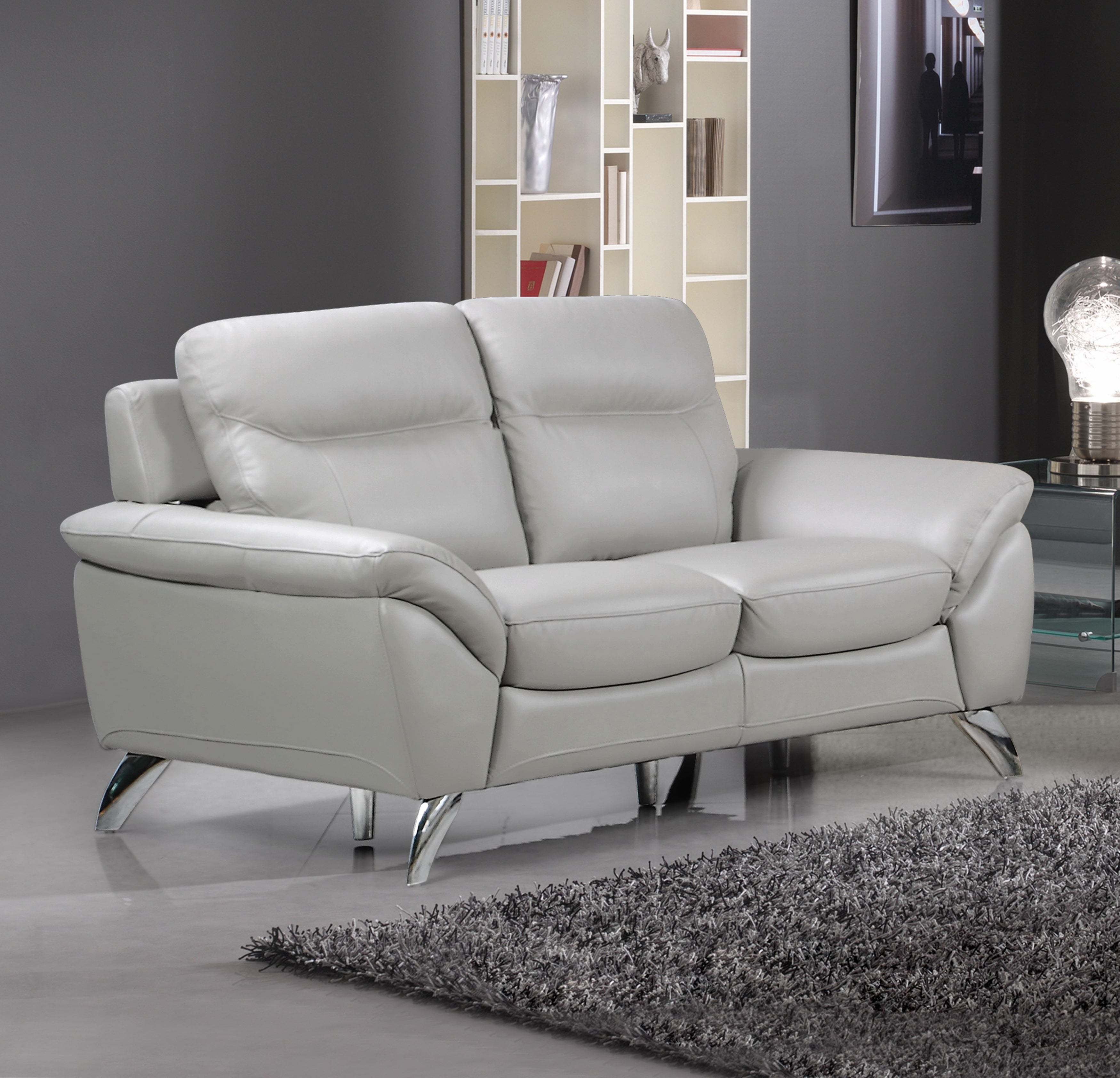 Cortesi Home Contemporary Monaco Genuine Leather Loveseat, Light Grey 60"