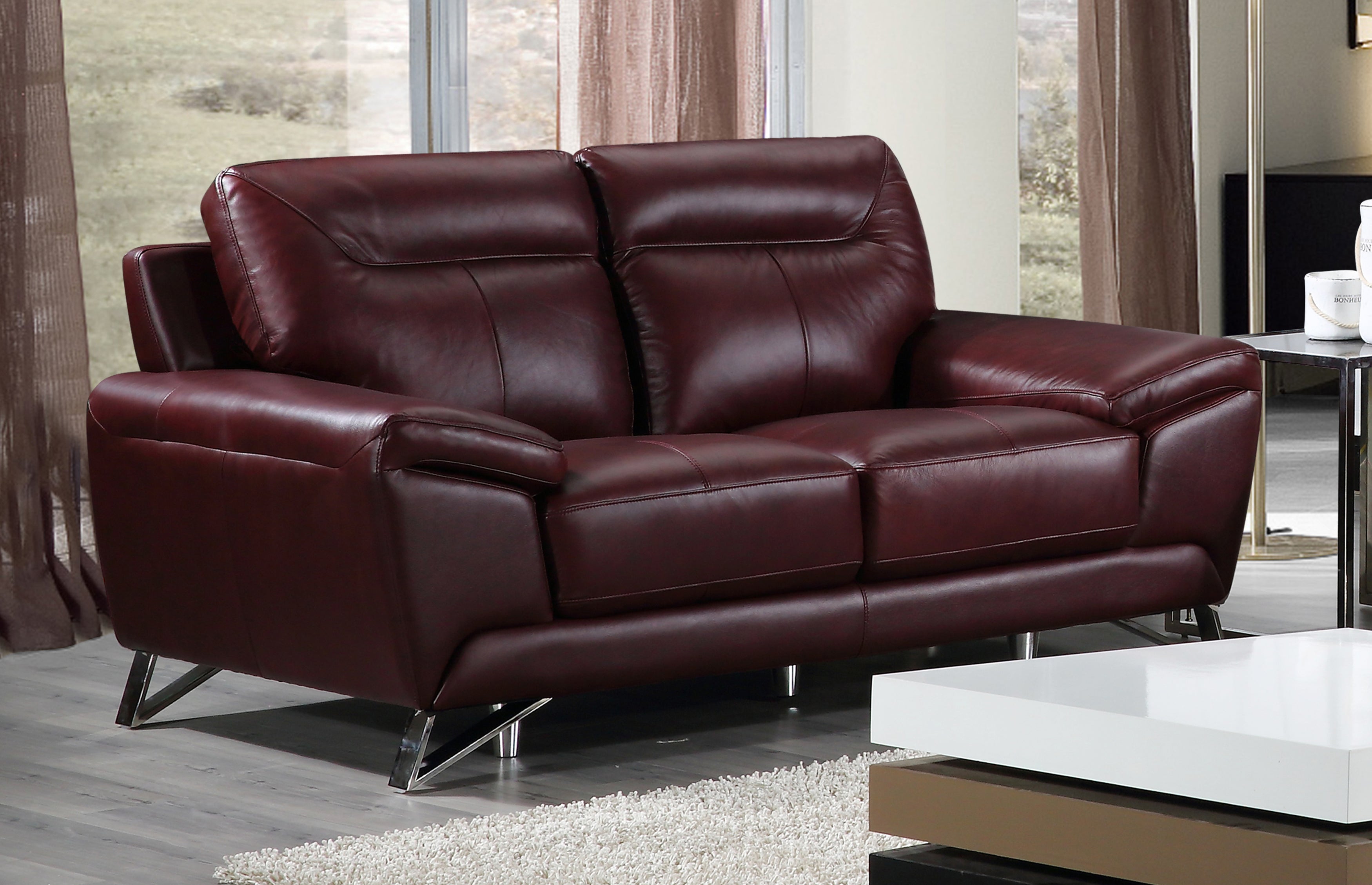 Cortesi Home Phoenix Genuine Leather Loveseat, Deep Merlot 64"