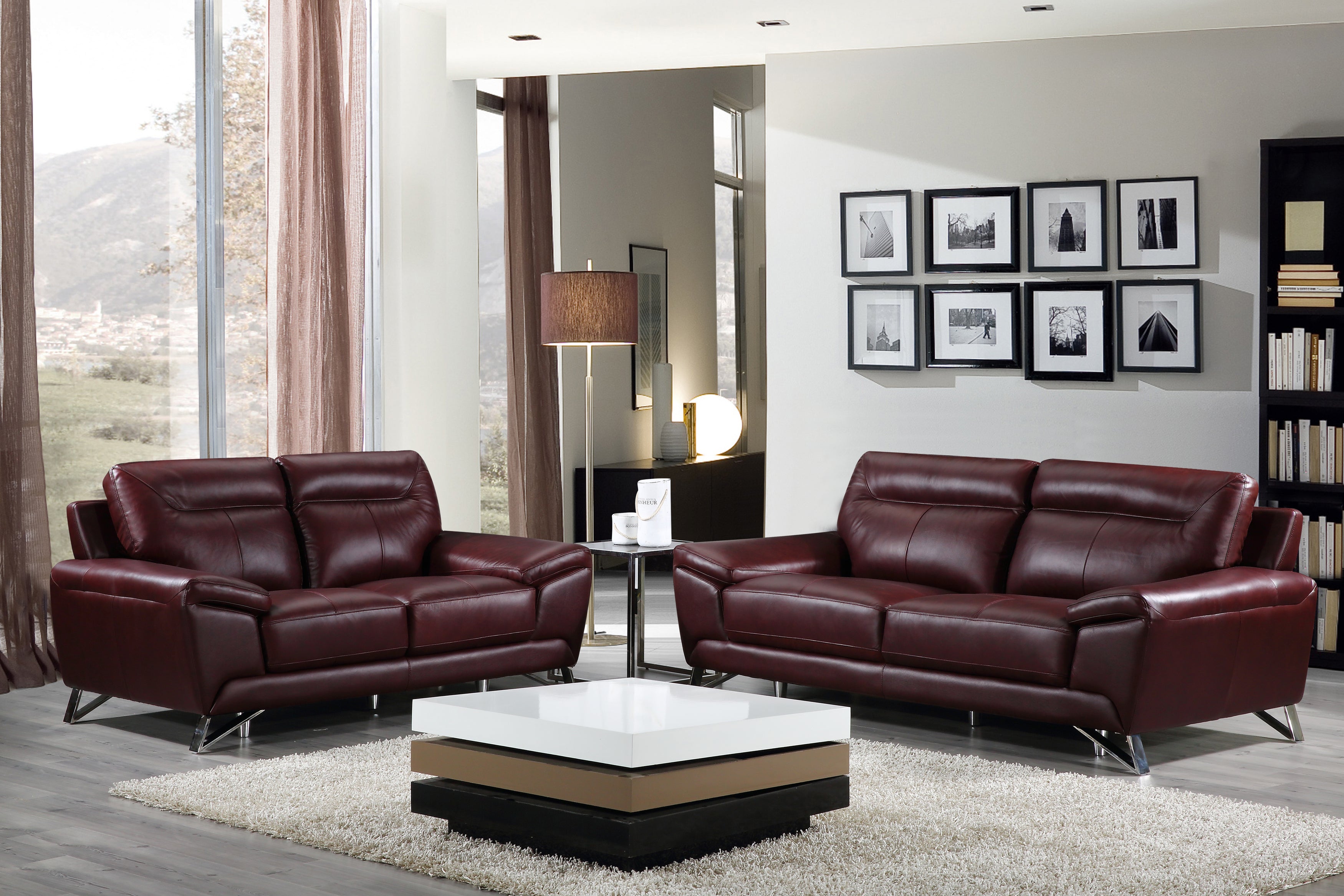 Cortesi Home Phoenix Genuine Leather Sofa & Loveseat Set, Deep Merlot