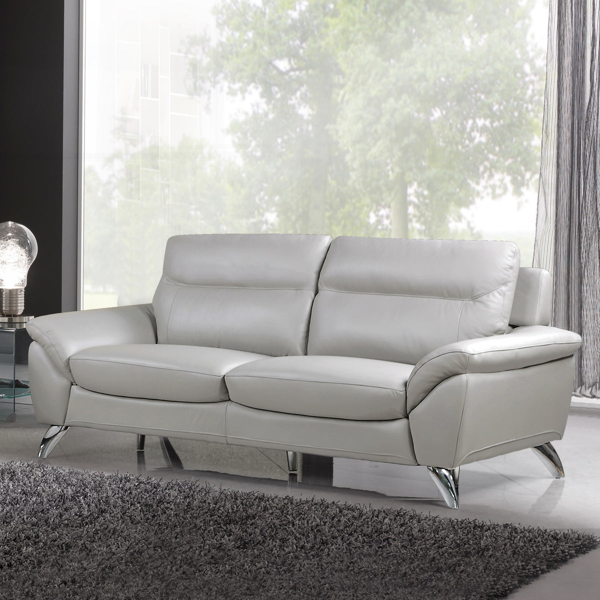 Cortesi Home Contemporary Monaco Genuine Leather Sofa, Light Grey 78 ...