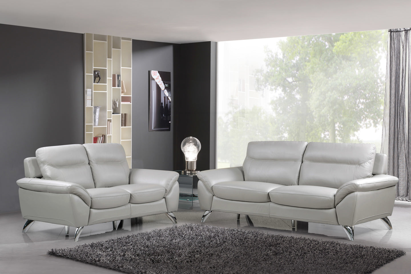 Cortesi Home Contemporary Monaco Full Genuine Leather Sofa & Loveseat Set, Light Gray