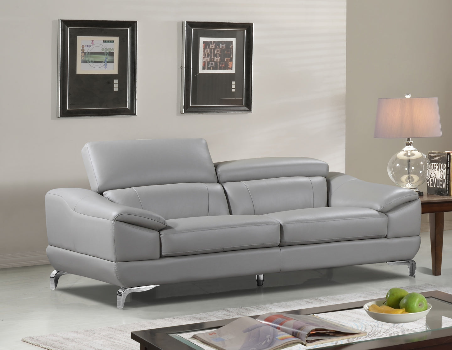 Cortesi Home Vegas Genuine Leather Sofa with Adjustable Headrests, Light Grey 82