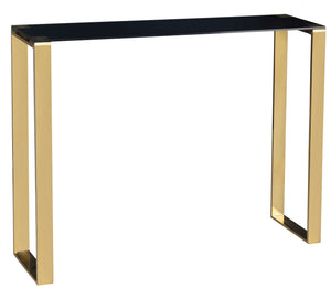 Cortesi Home Remini Narrow Contemporary Glass Console Table in Polished Gold Finish, Black Glass