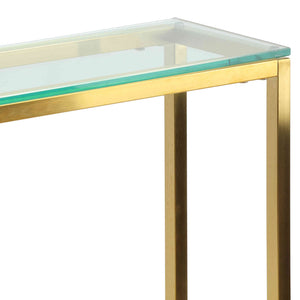 Cortesi Home Juan Console Table, Brushed Gold Color with Clear 10mm Glass, Skinny 56" x 8"