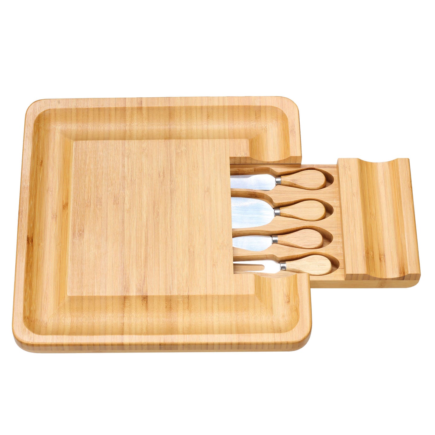 Cortesi Home Handi Natural Bamboo Cheese Serving Board Table Set with 4 Stainless Steel Knives