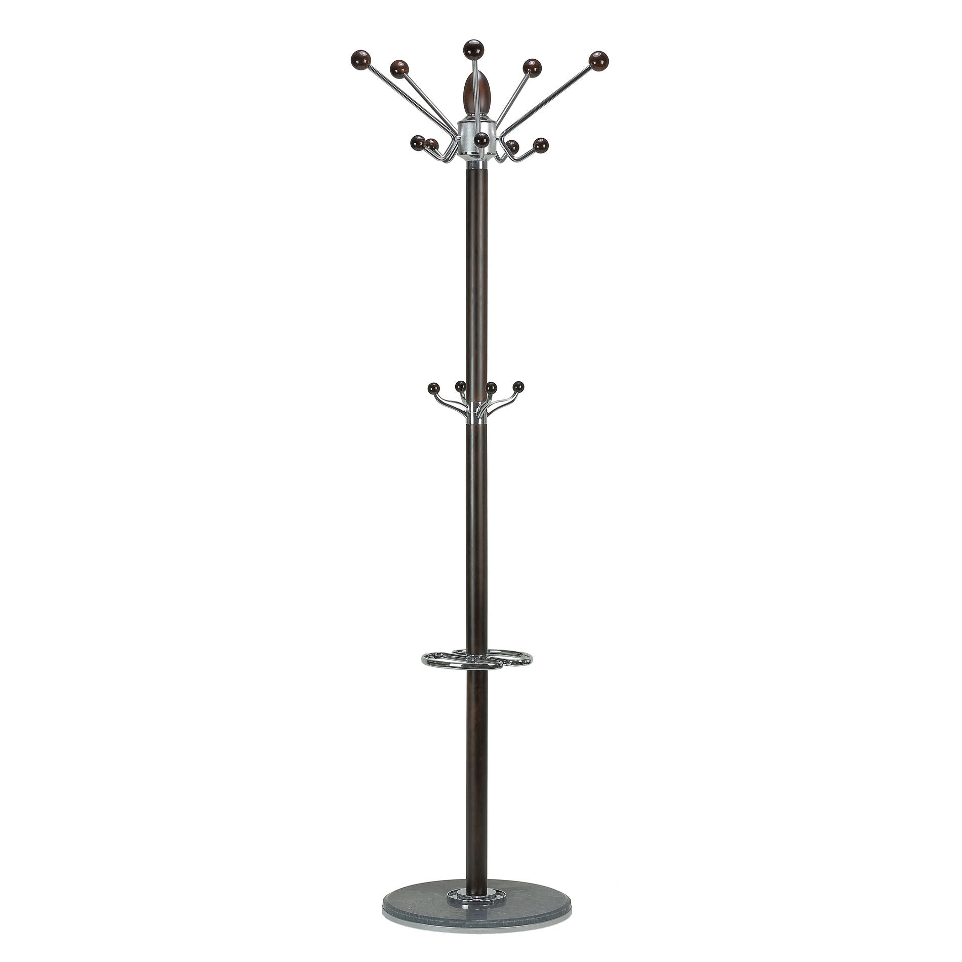 Cortesi Home Lava Dark in Chrome and Tobacco Walnut Wood Coat Rack, Black Marble
