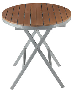 Cortesi Home Avery Aluminum Outdoor Round Folding Table in Poly Resin, Teak