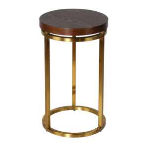Cortesi Home Kufu Round Side Table in Gold Stainless Steel and Wood Top, 14" Round