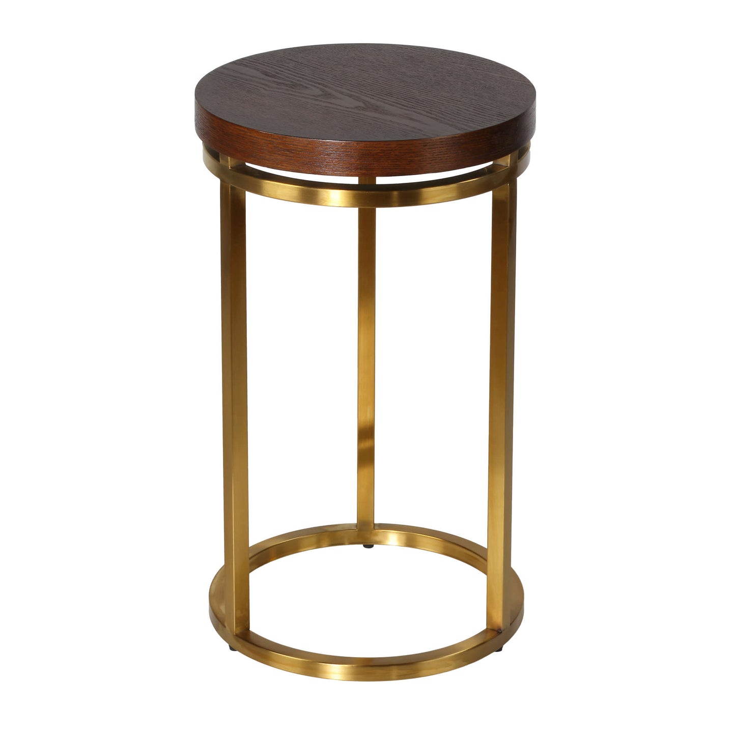 Cortesi Home Kufu Round Side Table in Gold Stainless Steel and Wood Top, 14