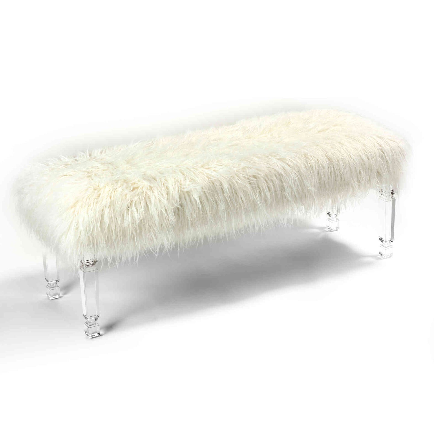 Cortesi Home Eleanor Bench Ottoman, White Faux Fur with Acrylic Legs