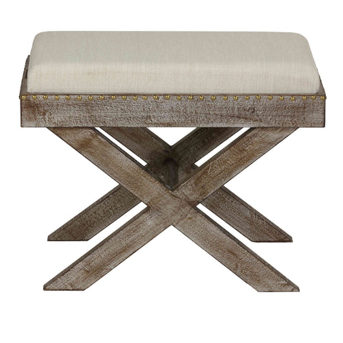 Cortesi Home Lupin Distressed Wood Tray Top Ottoman with Beige Fabric Top