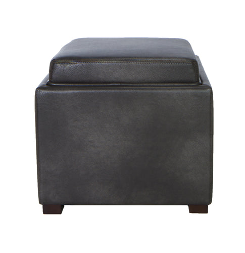 Cortesi Home Mavi Grey Wood Top Tray Storage Cube Ottoman in Bonded Leather