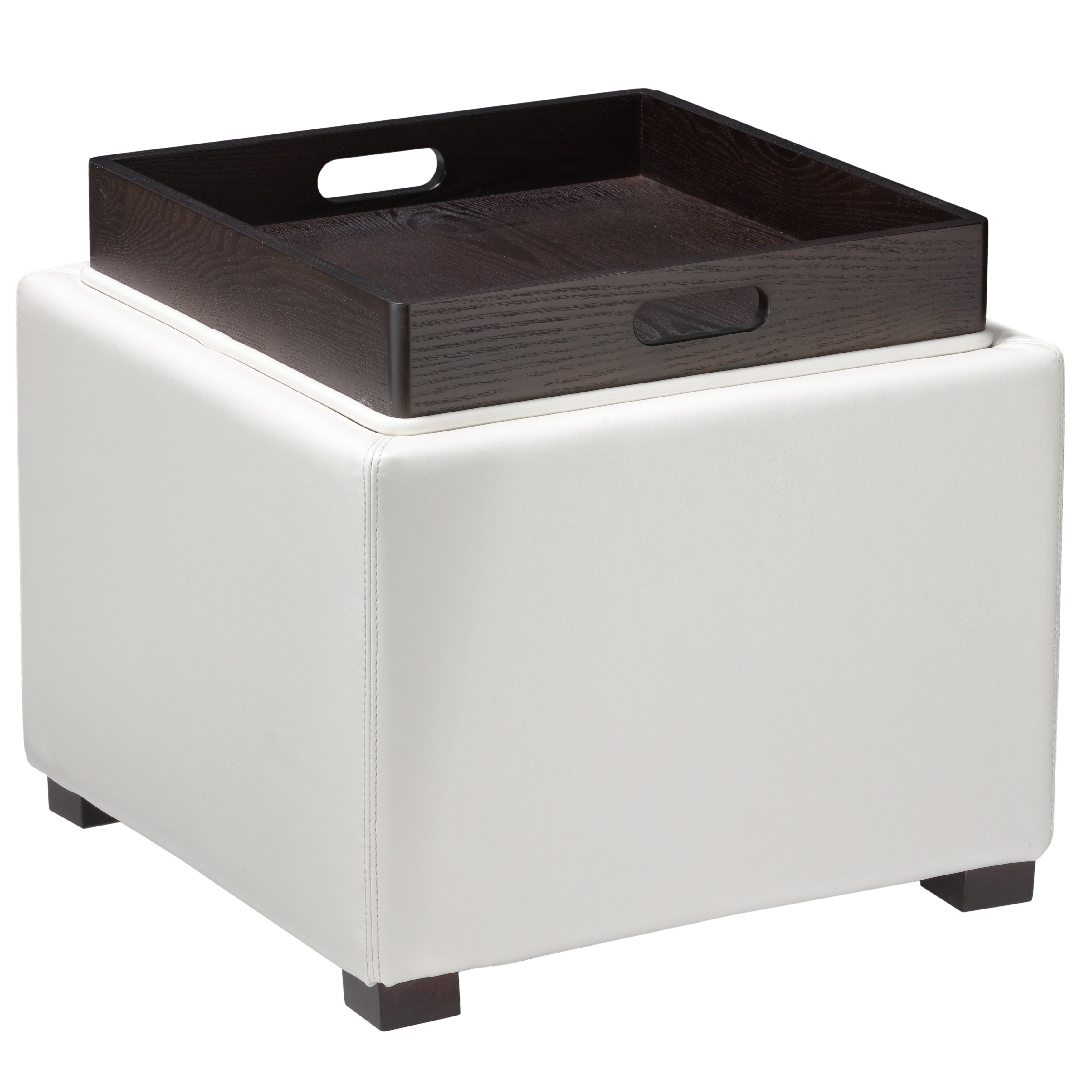 Cortesi Home Mavi Snow White Storage Tray Ottoman in Bonded Leather