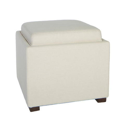 Cortesi Home Mavi White Tray Top Storage Cube Ottoman in Linen Fabric
