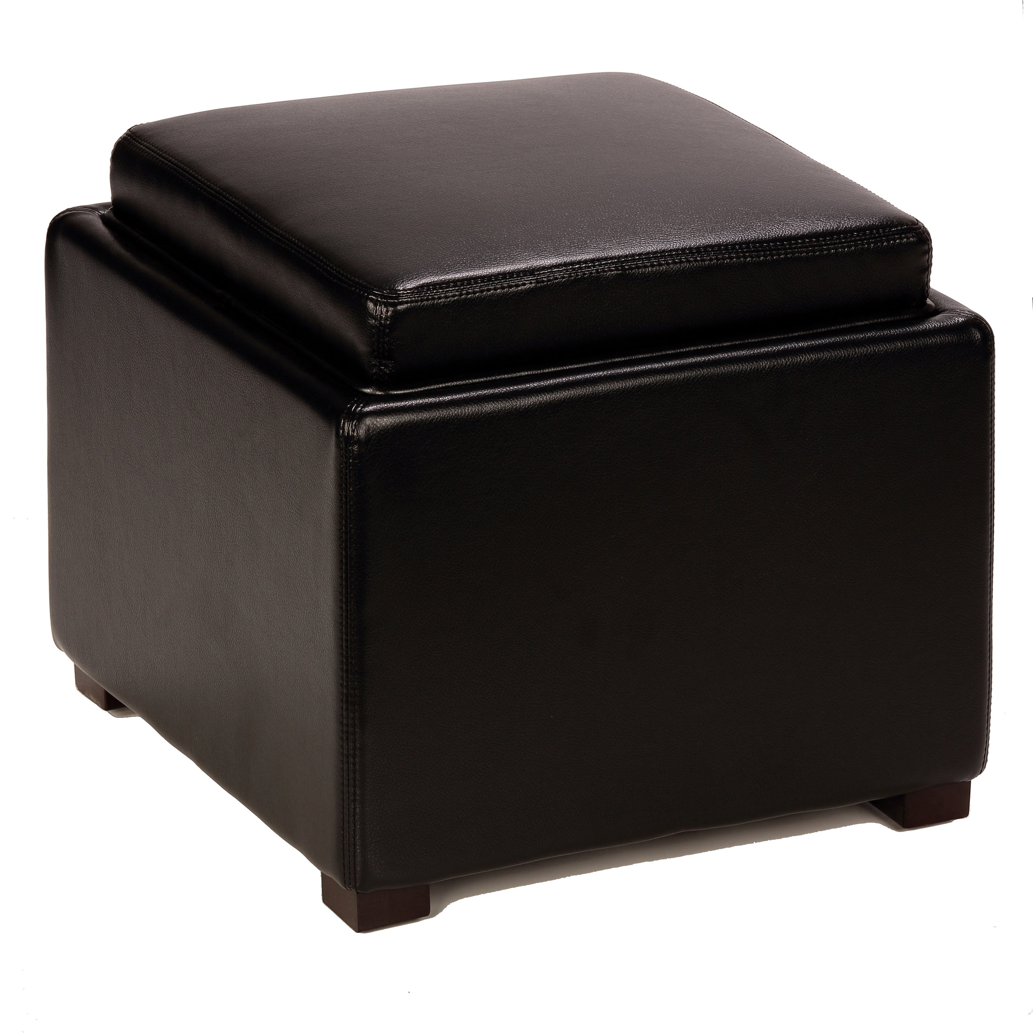 Cortesi Home Mavi Black Storage Tray Ottoman in Bonded Leather
