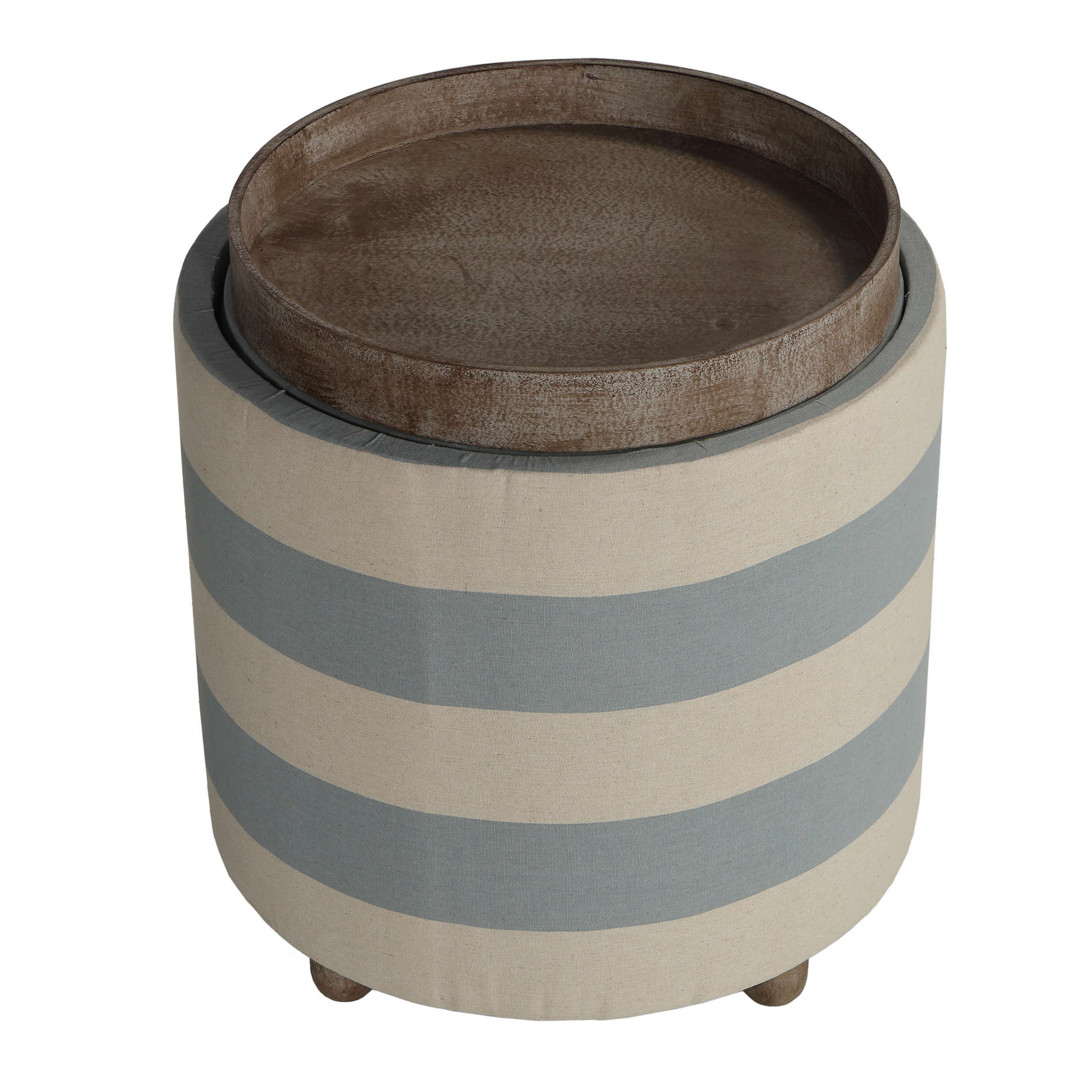 Cortesi Home Keyes Round Storage Ottoman, Blue and White Striped Fabric