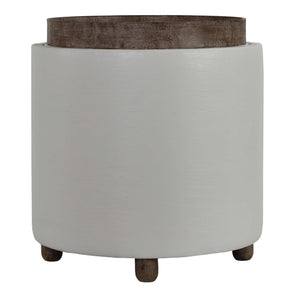 Cortesi Home Keyes Round Storage Ottoman with Tray Top, White faux leather and  driftwood legs