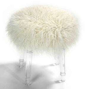 Cortesi Home Doni Vanity Ottoman Stool, White Faux Fur with Acrylic Legs