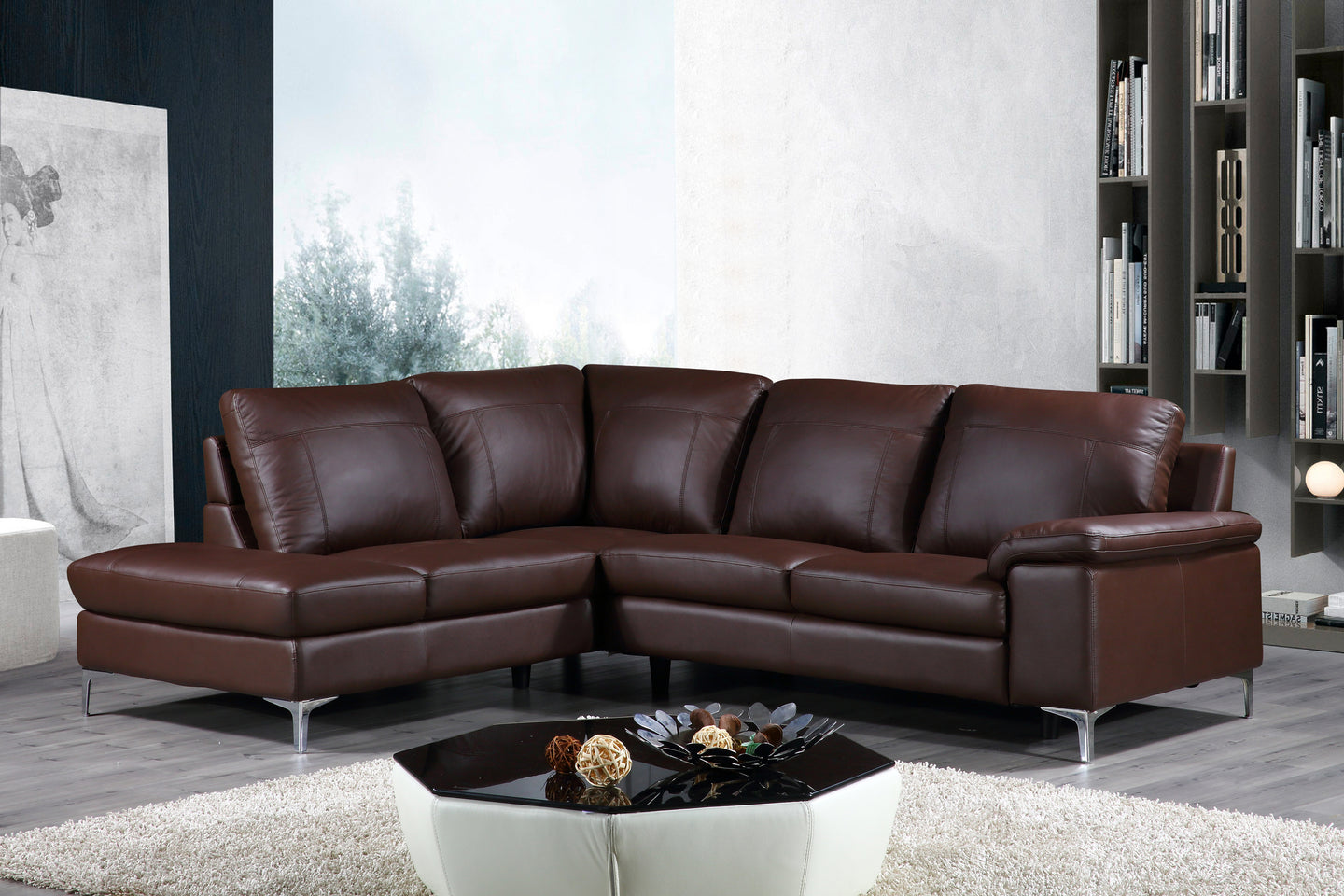 Cortesi Home Contemporary Dallas Genuine Leather Sectional Sofa with Left Side Facing Chaise Lounge, Brown 80