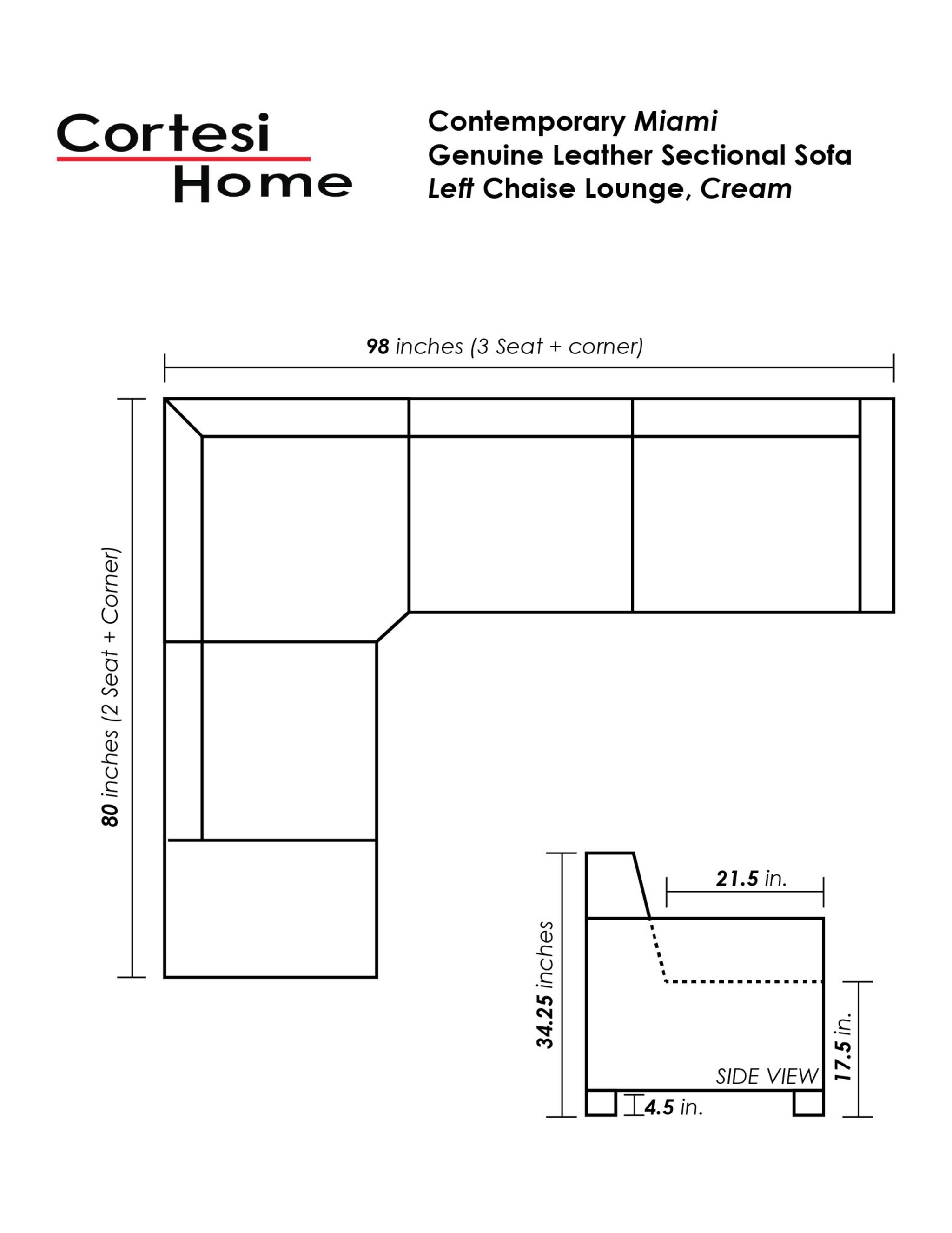 Genuine Leather Sofa With Left Facing Chaise, Cream, Cortesi Home ...